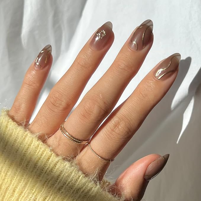 Harry Potter™ x Glamnetic Press On Nails - Golden Cup™ | Semi-Transparent Brown 3D Gold Graphic Short Almond Nails in a Chrome & Glossy Finish | 15 Sizes - 30 Nail Kit with Glue