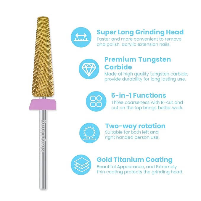 24mm Super Long 5-in-1 Tapered Barrel Nail Drill Bit, 3/32'' Tungsten Carbide E-File Bit for Fast Gel Removal & Long Nail Shaping, Two-Way Rotation Safety Bit for Acrylic Extensions, Double Fine