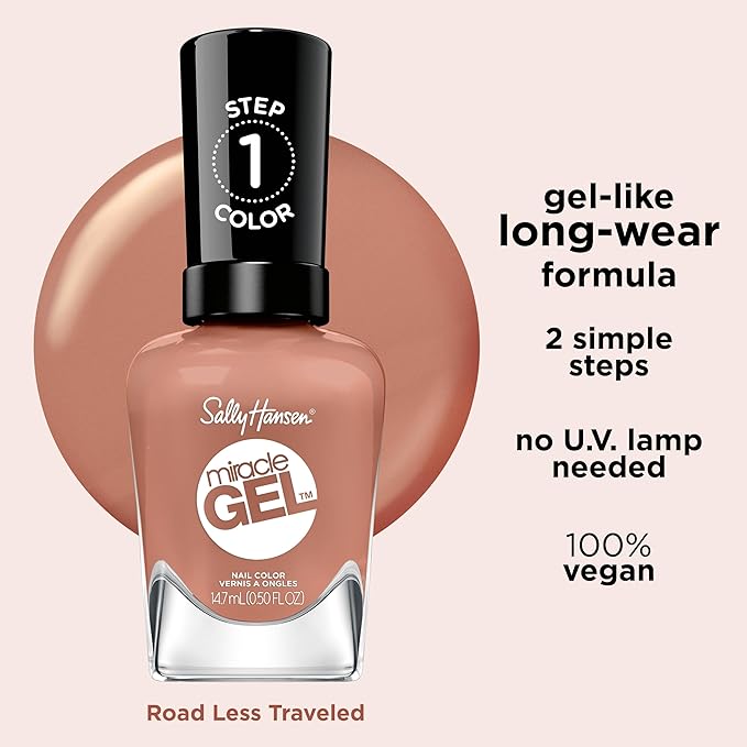 Sally Hansen Miracle Gel Salon Quality Nail Polish | Gel-Like Formula, Two-Step System, No UV Light Needed, Long Lasting | Opaque, Crème | 190 Road Less Traveled | Warm Beige Nail Polish