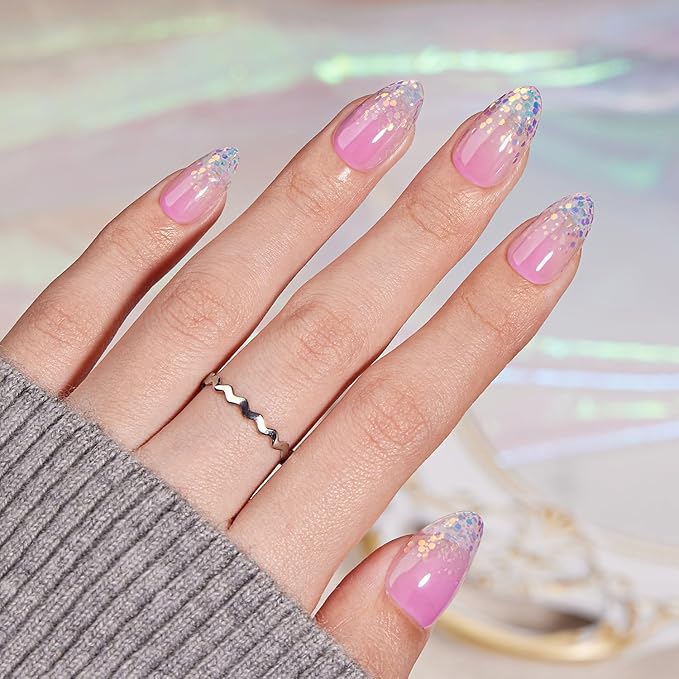 VSALON Press-On Nails Short Almond - Purple Ombre Blue Sparkle Glitter Semi-Transparent Mermaid Design, Reusable Opaque Soft Gel Fake Nails with Glue & Cuticle Oil 32 PCS in 16 Sizes Gifts for Women