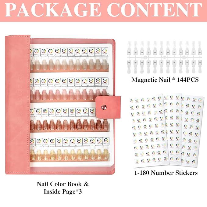 144 Magnetic Nail Color Book,Leather Magnetic Color Display Book with 144PCS Magnetic Tips & 1-240 Number Labels,Perfect for Nail Polish Nails Art Design(Pink)