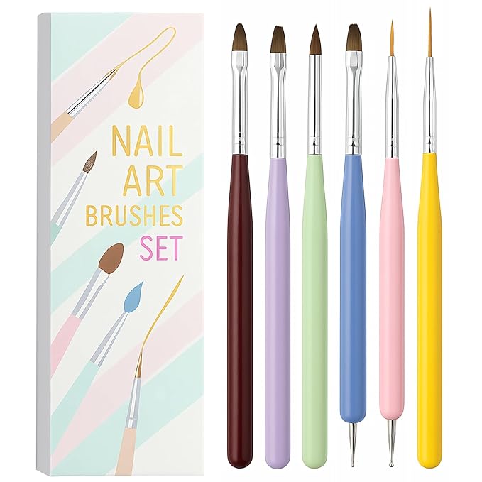 Nail Art Brushes Set – 6Pcs Gel Polish Nail Brush with Liner, Flat, Angled & Dotting Tips – Acrylic Nail Art Design Tools for DIY Manicure, Nail Extension, Salon Use – Pastel Colors with Gift Box