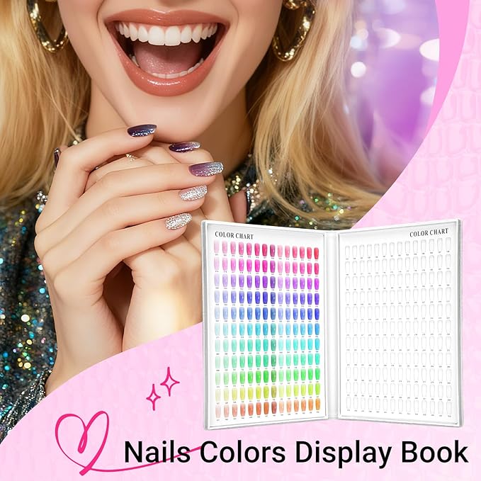 Segbeauty 308 Color Nail Polish Display Book Organizer, Silver Nail Color Swatches Sample Book for Art Salon with 360 False Nails Tips DIY Press On Nails Display Holder Board Cases Storage Stand