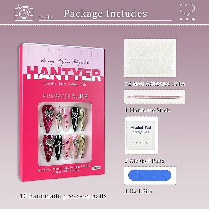 10PCS Y2K Press on Nails with Tools Kit, Long Stiletto Glossy Nails in Pink & Black, Salon Nails with 3D Metal Charms (Heart/Star/Cross), Edgy Punk Style for Party-Ready & Daily Wear(Size XS)