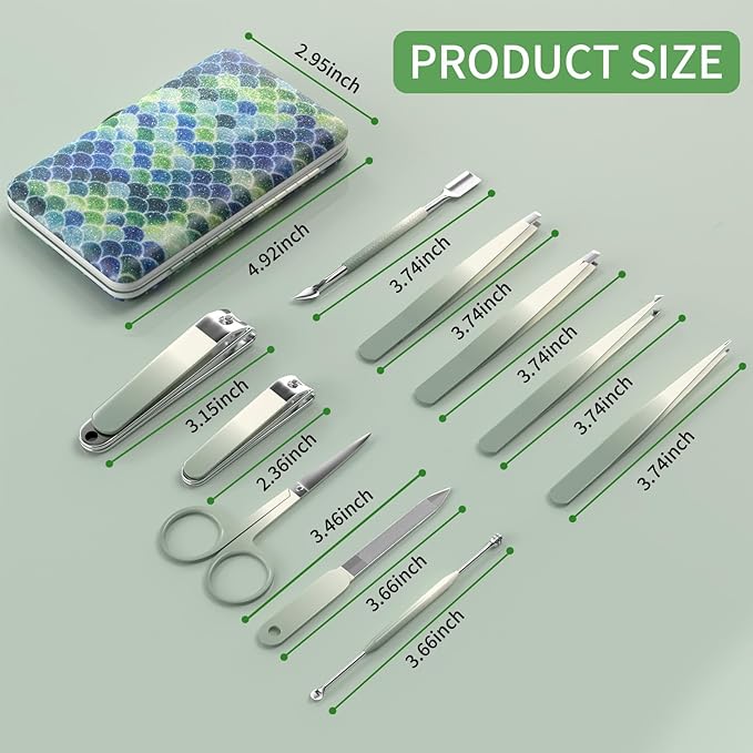 Manicure Set 10 in 1 Stainless Steel Nail Clippers Scissors Tweezers Grooming Kit with Travel Case (Green)