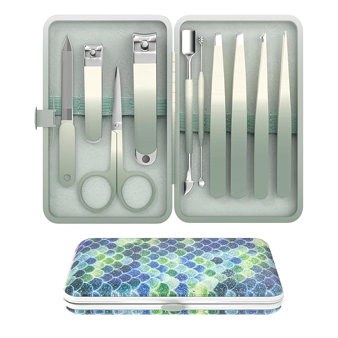 Manicure Set 10 in 1 Stainless Steel Nail Clippers Scissors Tweezers Grooming Kit with Travel Case (Green)