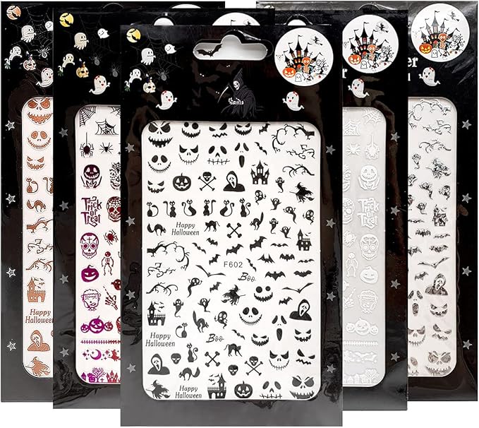 Impressed Nail Art Stickers for Halloween 12 Sheets, 1500+ Self-Adhesive DIY Customized Nail Decals for Halloween Party, Include Pumpkin/Bat/Ghost/Skeleton/Witch etc