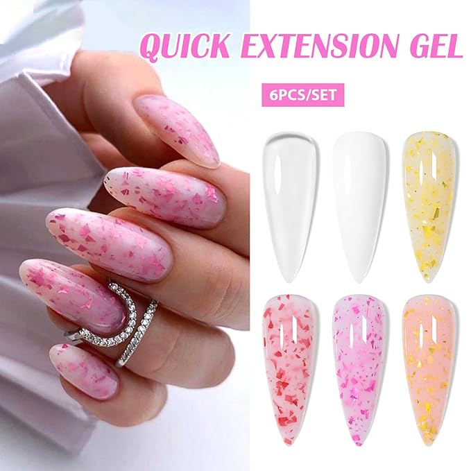 MTSSII Builder Gel for Nails, 6 Colors Hard Gel Polish Extension Kit with 100pcs Nail Forms, Files and Pen Brush Nails Art Manicure Set for DIY at Home
