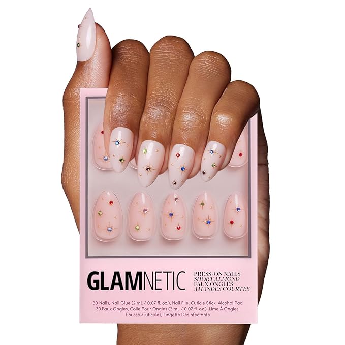Glamnetic Press On Nails - North Star Fake Nails | Semi-Transparent 3D Multicolor Gems Short Almond Fake Nails, Salon Quality | 15 Sizes - 30 Nail Kit with Glue