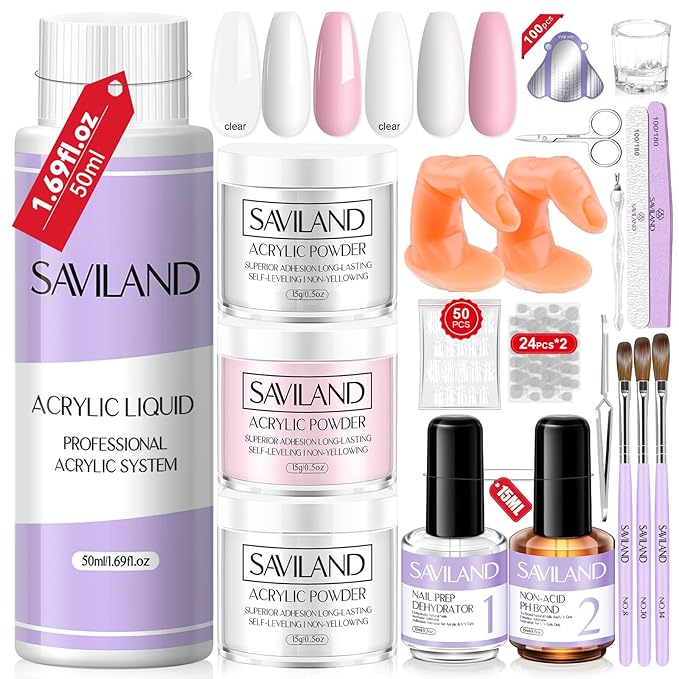 SAVILAND Acrylic Nail Kit for Beginners: White Pink Clear Acrylic Powder and Liquid Set with Nail Dehydrator Primer Brushes Forms Tips Tools Nails Kit Acrylic Set with Everything Home DIY