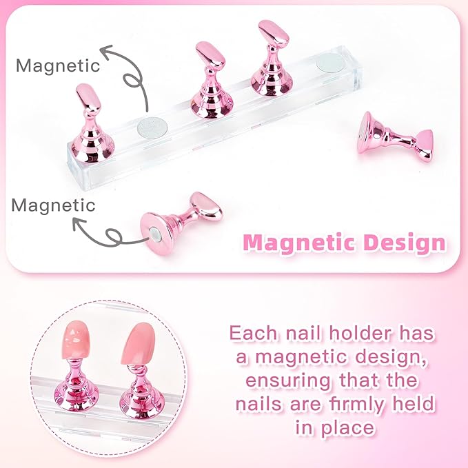 Nail Stand Nail Holder for Painting Nails 2 Sets Press on Nails Stand Display with 96 Pcs Reusable Adhesive Putty Clay Magnetic Acrylic Nailss Art Tools Accessories for Home DIY Salon Supplies Pink