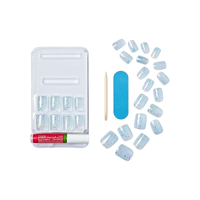 KISS Gel Fantasy, Press On Nails, Nail glue included, 'Champagnes', Light Blue, Short Size, Squoval Shape, Includes 28 Nails, 2G Glue, 1 Manicure Stick, 1 Mini File
