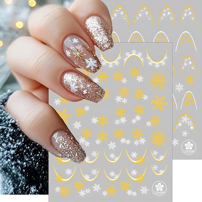 9 Sheets Christmas Snowflake Nail Stickers, Gold White 3D Self-Adhesive Winter Nail Art Decals for Women Girls Xmas Snow Sparkle Manicure Decorations