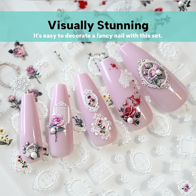 Rose Flower Frame Nail Art Stickers Pearl Rhinestones Embossed Vintage Nail Decals for Nail Art Design Self-Adhesive Nail Accessories for Women Nail Art Supplies 3 Sheets