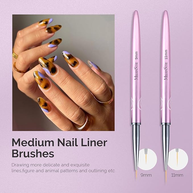 MelodySusie Nail Art Liner Brushes 5Pcs Professional Gel Polish Painting Art Design Pen Set for Thin Long Lines, Tiny Details, Fine Drawing, Delicate Coloring,Sizes 5/7/9/11/20mm