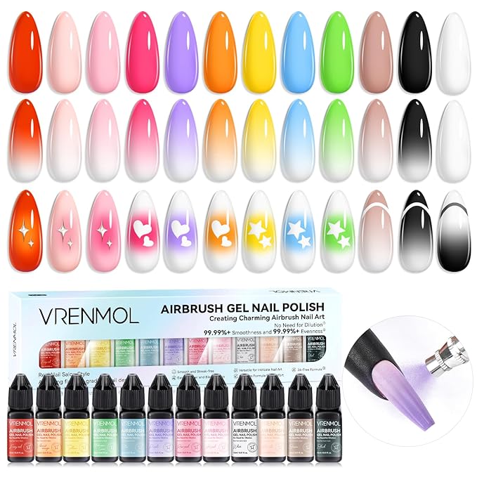 vrenmol 12PCS Airbrush Gel Nail Polish Hema-Free: No Need Dilution Airbrush Gel Nail Polish 12 Bright Colors Airbrush for Nails Paint Stencils Patterns Gradients Ombre French Nails Manicure Pedicure