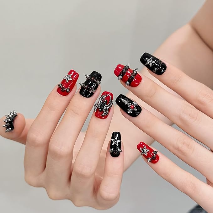 handmade nails press on Salon Quality false nails Reusable short square red black rivet y2k star spider cute acrylic 3D fake nails designed kit,10 Nails Size M #3083
