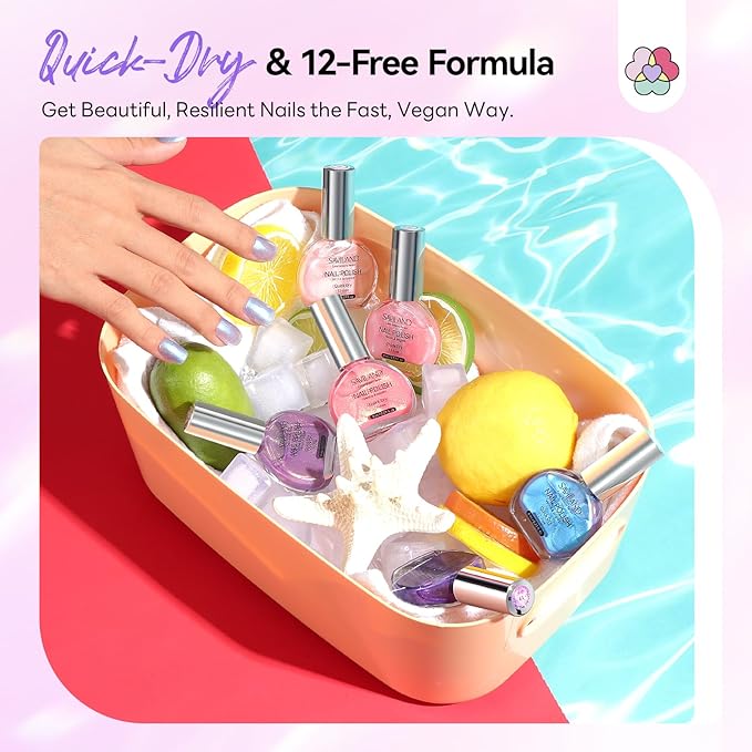 SAVILAND Pearl Nail Polish Set: Quick Dry 12-Free Aurora Nail Polish 6 Shimmer Purple Pink Blue Colors Fingernail Polish Set Summer Vegan Nail Toes Lacquer DIY Nail Art Home Use Christmas Gift Women