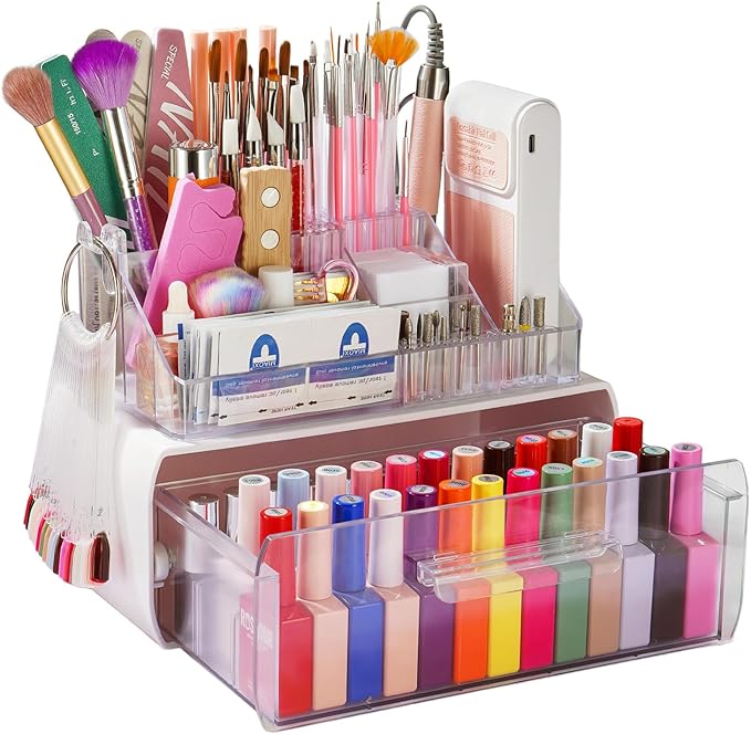 Nail Tech Desk Organizer Case: 2 Layers Nail Tech Organizers with Nail Polish Storage Drawer- 53 Holes Nail Drill Bits & Nail Brushes Pens Holder for Manicure Nail Supplies (Clear)