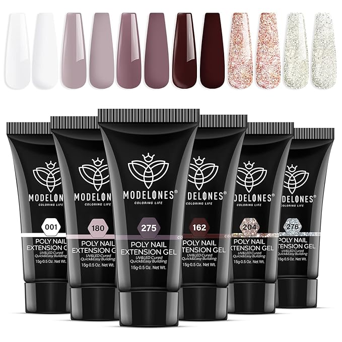 Modelones Poly Nail Gel Set, 6 Colors Burgundy Red Brown Champagne Gold Poly Extension Gel Builder Snow White Nude Grey Elegant Lady Collection French Manicure DIY Home Salon