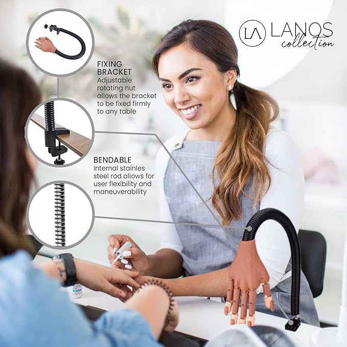Lanos Practice Hand for Acrylic Nails, False Fake Nails Training Kit | Finger Model Manicure Mannequin for Professional Cosmetology, DIY, Flexible (Material) Table Stand for Gel Painting with 100 PCS Nail Tips