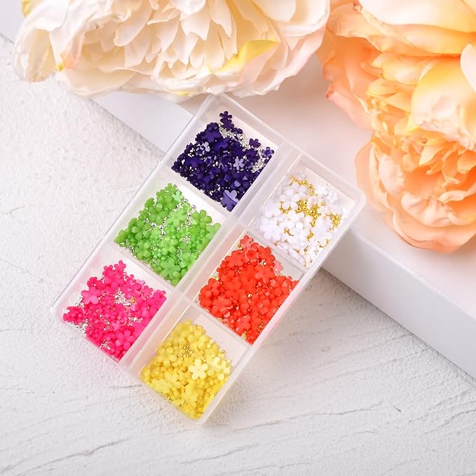 Mixed 3D Flower Nail Charms and Metal Caviar Beads, Acrylic Resin Flowers Nail Design Gold Silver Nail Ball Beads for DIY Decoration Nail Craft Accessories With Pickup Pencil（Style F)