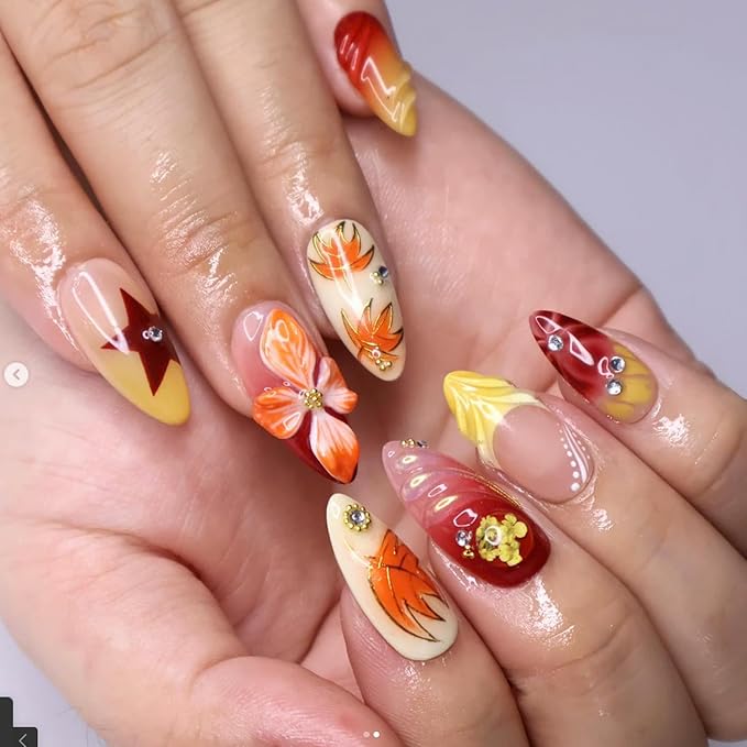Handmade Press on Nails Fall Medium Almond Fake Nails Yellow Gradient Flower & Autumn Leaves Designs Full Cover Thickened Salon Quality False Nail French Acrylic Nails Stick on Nail for Women（Size M）