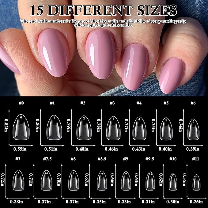 510pc Short Almond Nail Tips, Soft Gel Nail Tip Almond Fake Nails Artificial Fingernail, 15 Sizes Full Cover Clear Press on Nail Short Acrylic Nails Tips for Nail Extension, Press Nails Making