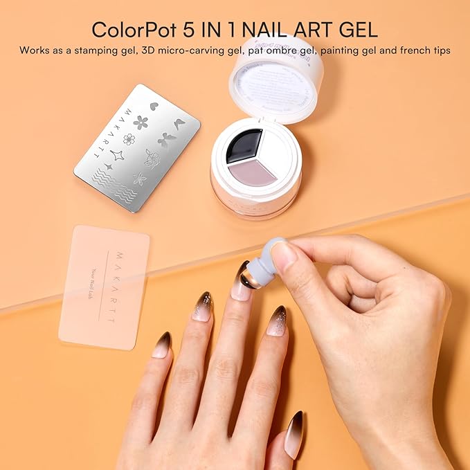 Makartt 5-in-1 Nail Art Gel: ColorPot 3 Colors Gel Nail Polish No Wipe with Nail Stamp for Stamping, Ombre Patting, Painting, Sculpting & French Tips with Silicone Head for Diy Nails at Home Salon