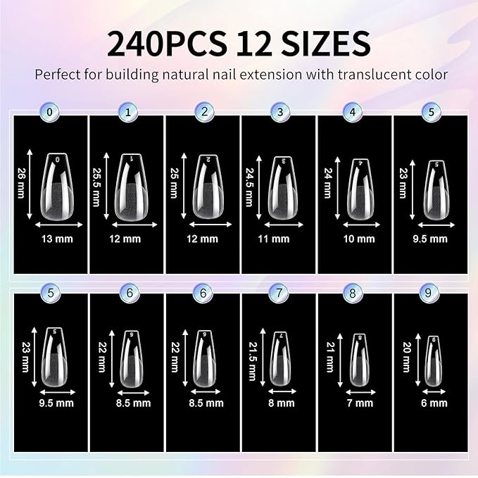 Medium Coffin Nails Tips - 12 Sizes 240Pcs Pre-Shaped Soft Gel Half Matte Full Cover Press On False Nails Tips Clear Acrylic Fake Nail Extensions for Home DIY Manicure Salon