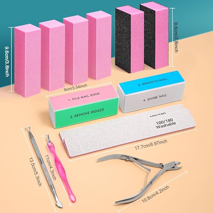 TsMADDTs Nail Files and Buffers, 13 pcs Nail Kit with 3-Way Sanding Block, 4-Way Buffing Block, 100/180 Files, Cuticle Nippers & Cuticle Pusher