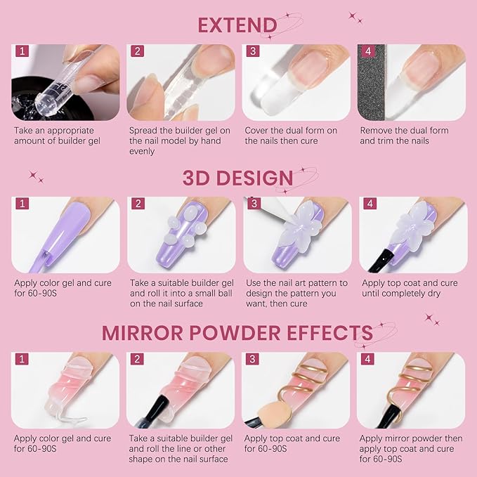 Clear White Pink Solid Builder Gel for Nails 3D Nail Art Sculpture Hard Gel with Dual Form for Extension Carving Molding Patterns Decoration Home Manicure DIY for Women