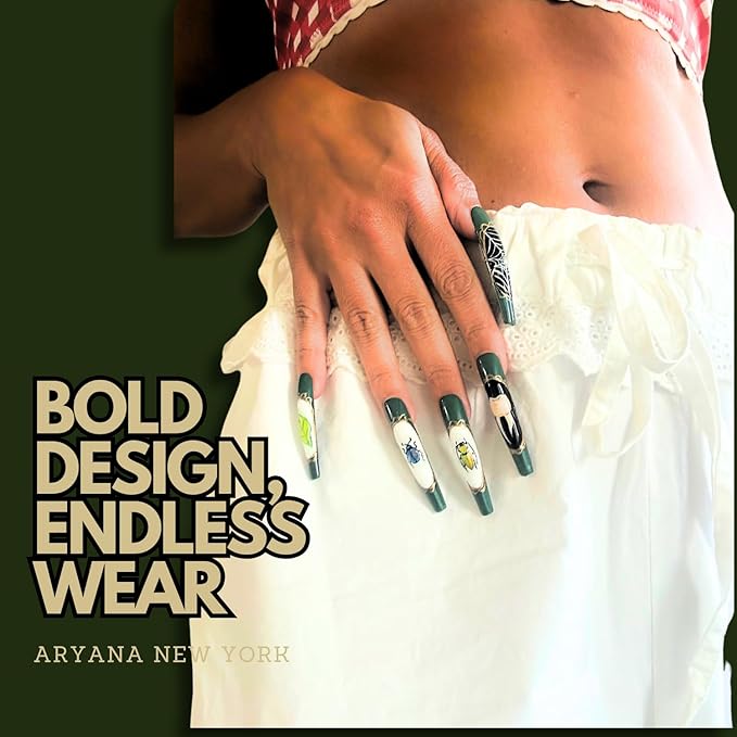 ARYANA NEW YORK Reusable Handmade Press-On Nails – Long Coffin Shape False Nails for Women, Luxury Glossy 3D Design | Oddities Beetles Collection - (Medium)