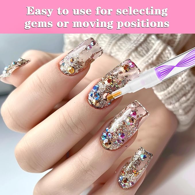 Rhinestone Pickup Tool Set: 2 Pcs Rhinestone Picker Handles Dual-Ended Rhinestones Applicator Dotting Tool Pen Shiny Diamond Dot Drill Pen for DIY Home Nail Salon