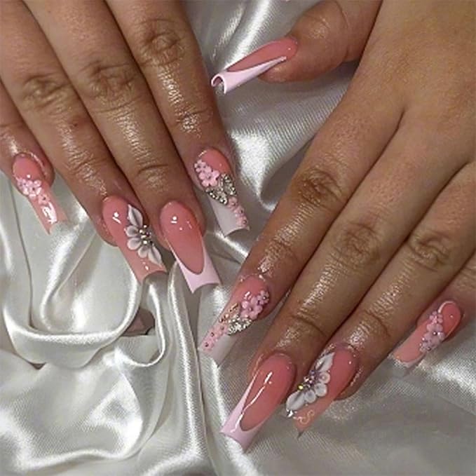 Long Press On Nails Square French Tip False Nails Pink Artificial Nails with Flowers Designs, 24pcs