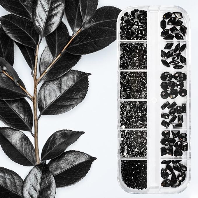 2052Pcs Black Nail Art Rhinestones Kit 72 Multi Shapes Crystal Flatback Rhinestones Gems +1980 Jet Black Round Beads Glass Stones Diamonds Jewels w Tweezer & Wax Pen for Nail Faces Eyes Makeup Crafts