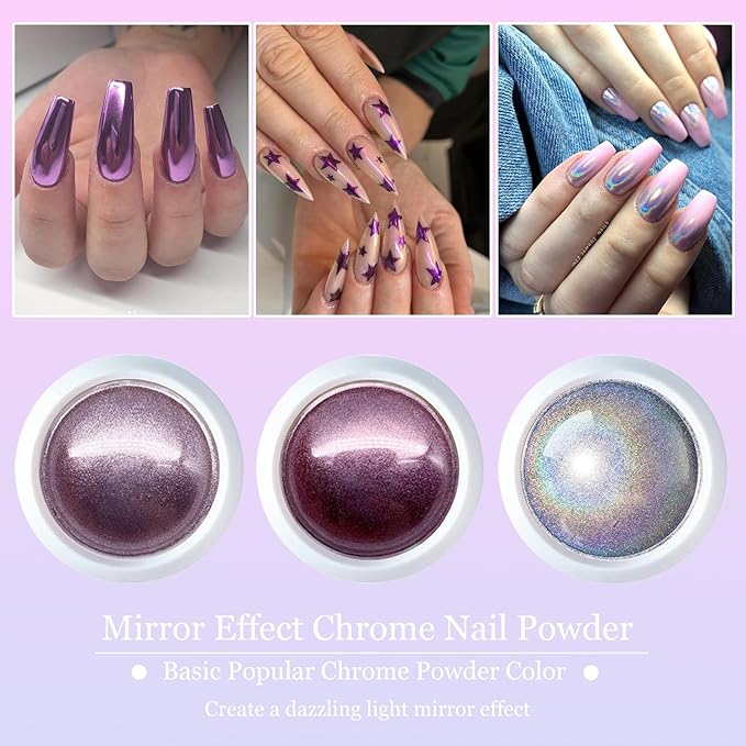 6 Colors Chrome Nail Powder, Mirror Effec Metallic Chrome Powder for Gel Nails, Sliver, Gold, White Pearl, Laser/Silver Nail Decoration Glitter Dust for Nail Art
