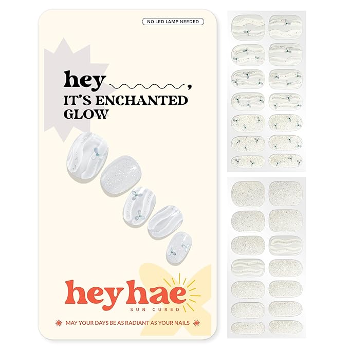 Heyhae Semi Cured Gel Nail Strips | No LED Lamp Needed | Glitter, White | Easy Apply & Remove, Salon Quality Includes 28 Strips, 1 Prep Pads, Nail File & Wooden Stick - Hey, It's Enchanted Glow