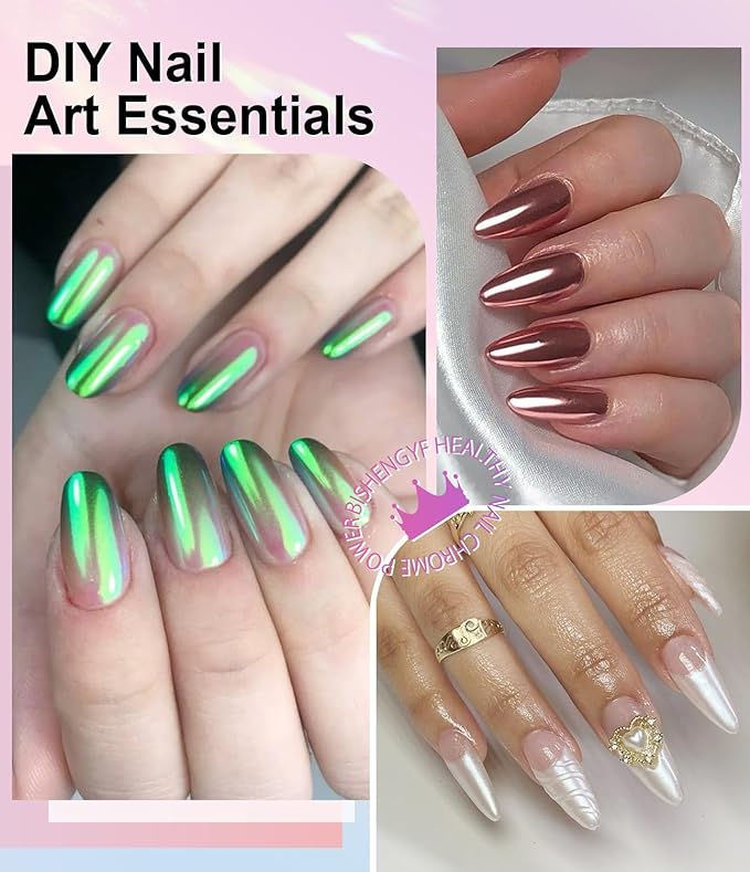 Mermaid Gold Chrome Nail Powder: 6 Colors Mirror Effec Green/Pearl Chrome Nail powder,Magic Mermaid Pink Chrome Nail Powder Pigment for Nail Art Design Home DIY（Laser/Silver）