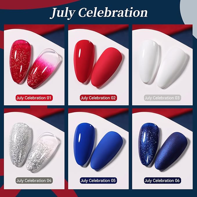 BORN PRETTY 4th of July Gel Nail Polish Set 6 Colors Navy Blue Red White Sliver Shimmer Glitter Gel Polish Soak Off U v Gel Polish Kit for Salon Manicure and Nail Art DIY at Home