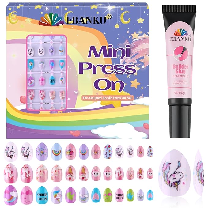 EBANKU 72Pcs Press on Nail Kid, Ice Cream Cute Pattern Fake Nails for Kids Colorful Press on Nail Short Artificial False Nail Kits for Nail DIY