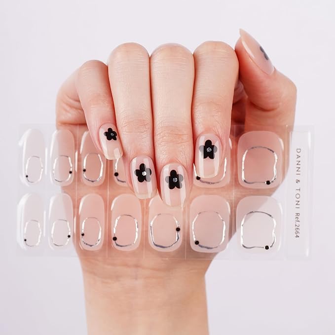 DANNI & TONI Semi Cured Gel Nail Strips Black Flowers (Floral Glint) Nude Gel Nail Wraps UV Nails 28 Stickers Gift for Women