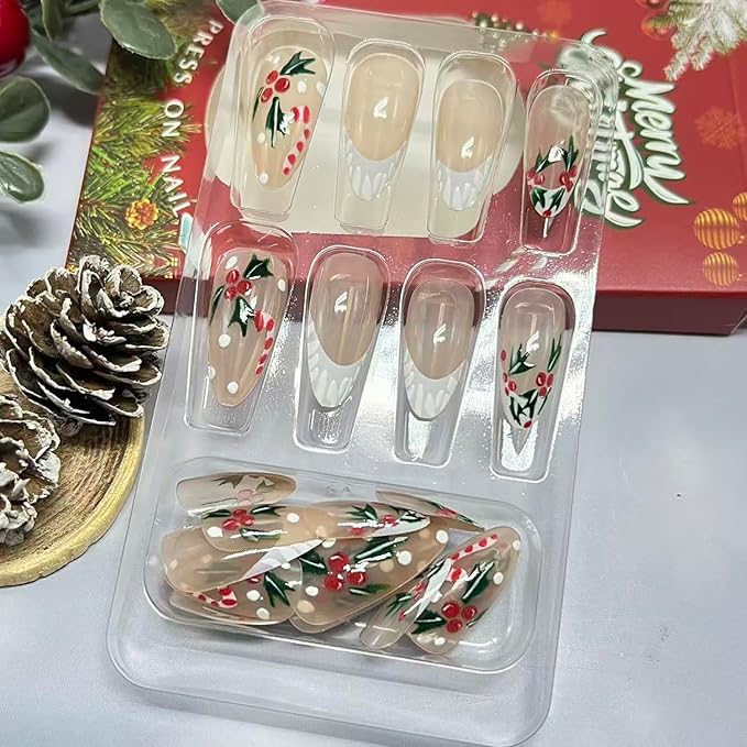 Christmas Press on Nails Medium Almond Fake Nails with Christmas Holly Candy Cane Designs White French Tip Xmas False Nail Winter Stick on Nail for Women 24 Pcs