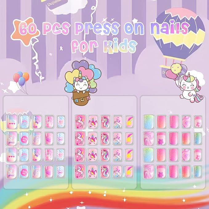 Laza Children Nails Press On Pre-glue Full Cover Colorful Stars Rainbow Clouds Cute Short False Nail Kits for Kids Teenager Girls-Rainbow Unicorn