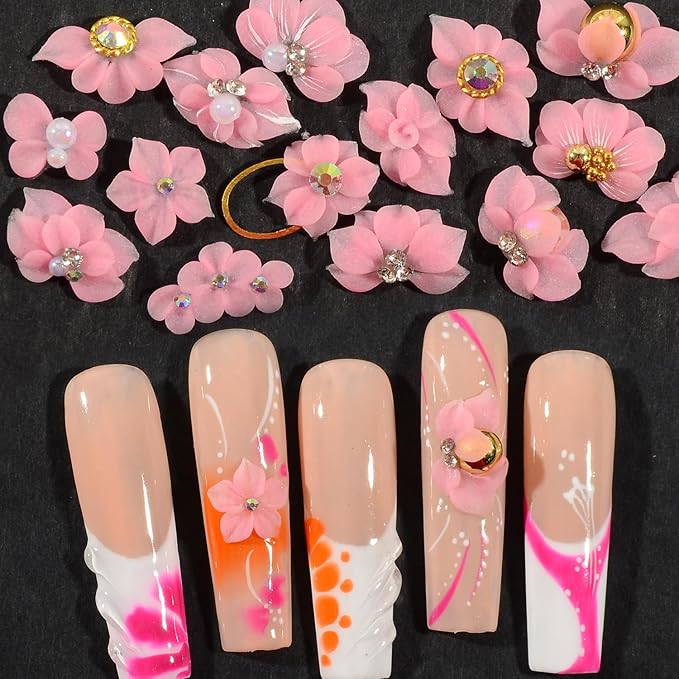 30PCS 3D Handmade Flower Nail Art Charms Advanced Handcrafted Cherry Blossom Flower Colorful Sculpted Floral Nails with Rhinestone Caviar Beads Design for Women Profession Nail Art Craft Jewelry