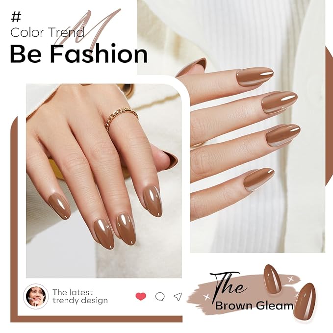 Modelones Brown Press on Nails Almond, Short Chrome Fake Nails, Reusable Nail Kit with Nail Glue Adhesive Tabs Mini Nail File, Nails Press Ons 32Pcs 16Sizes