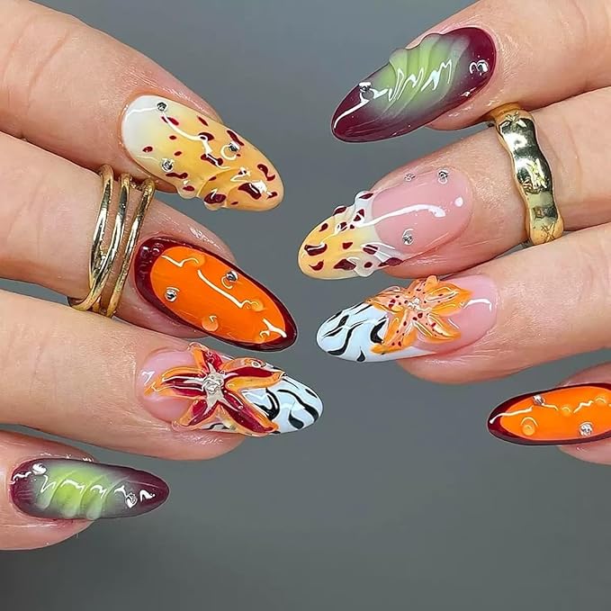 Almond Press on Nails Medium - Flower Fake Nails with Leopard Print Design - French Tip Full Cover Stick on Nails for Women 24 Pcs
