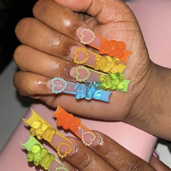 Square Press on Nails Long Fake Nails Color French Tip Acrylic Nails Press Ons With Cute Glue on Nail 3D Bear Charm Design False Nails Glossy Full Cover Artificial Nail for Women and Girls 24pcs