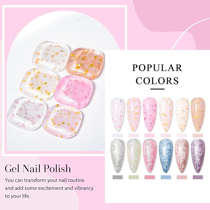 12Pcs Rubber Base Gel Polish, Builder Gel Nail Polish Gold Foil Pink Structure Quick Extension Gel + Pearl Gel Nail Polish Pink Blue Purple Swirl Shell Thread Effect Manicure Kit