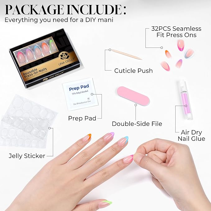 UNA GELLA 32Pcs Soft Gel Press on Nails - 16 Sizes Multi-color French Tip Almond Glue on Nails, Reusable Neon Pastel Rainbow False Nails, Full Cover Acrylic Nail Kit for Women DIY Home Manicure